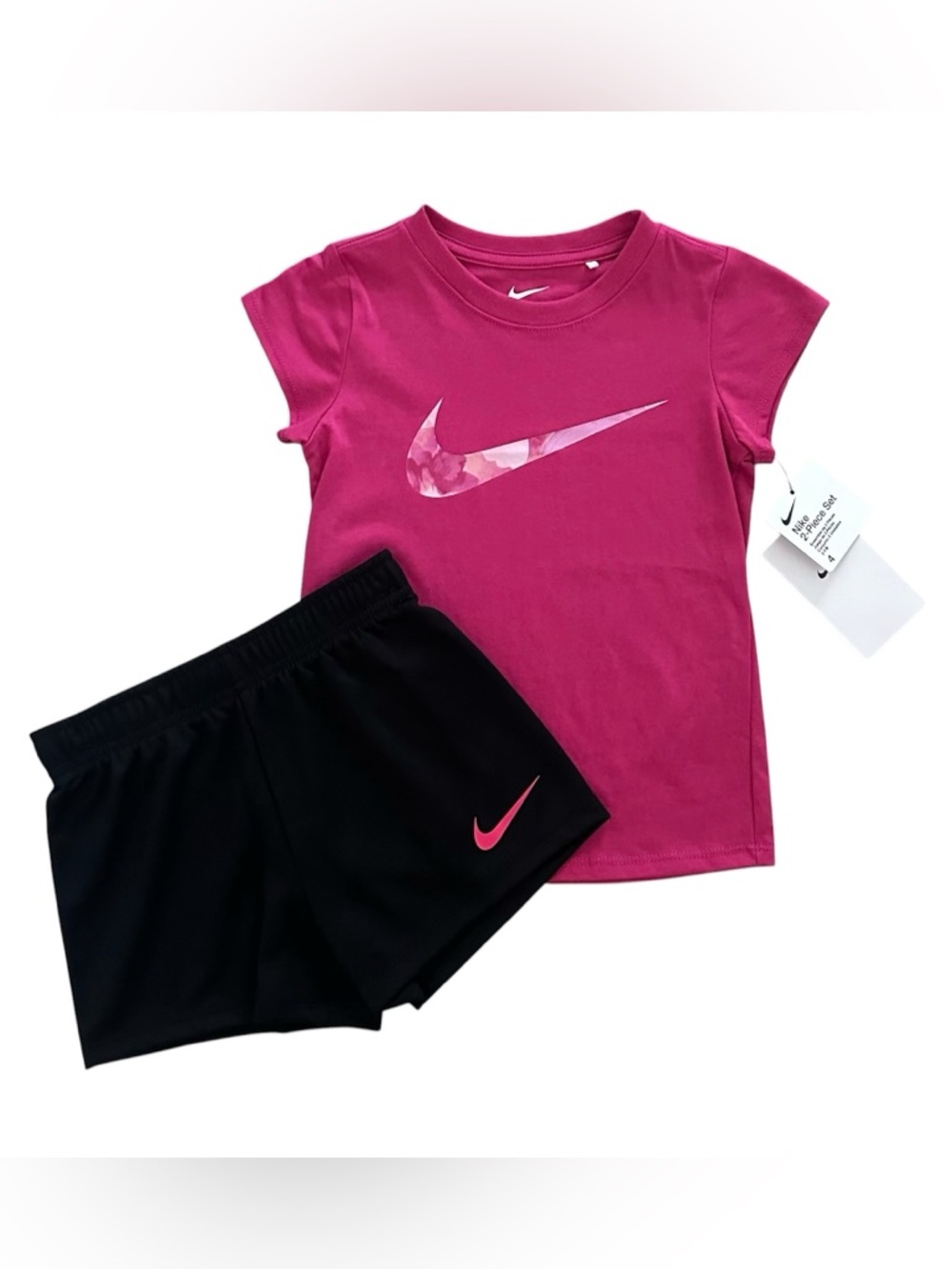 Girls Size 4 Nike 2-Piece Outfit Set Pink Swoosh Tee & Black Shorts NWT